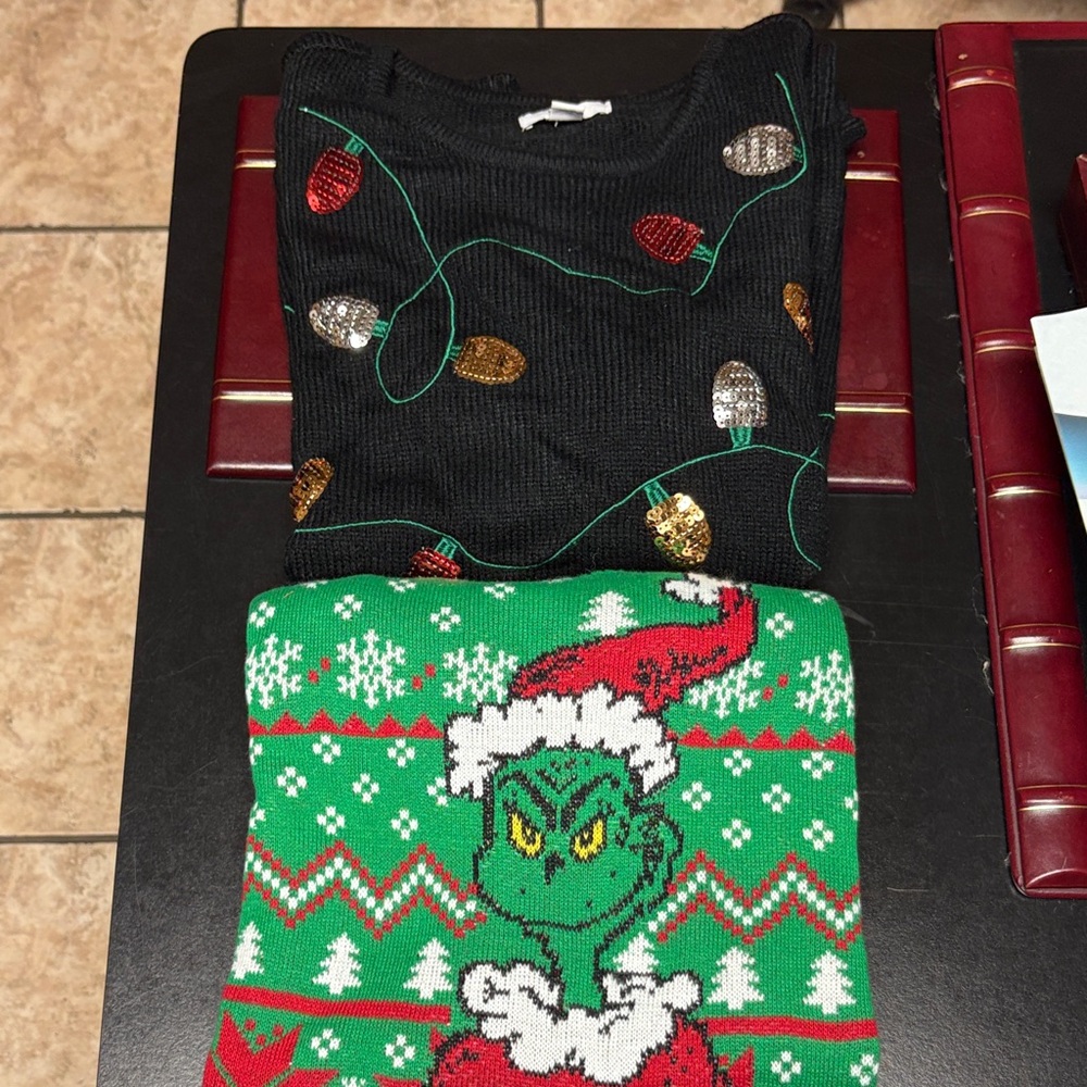 Festive Grinch and Lights Sweaters
